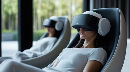 Relaxing in Virtual Reality Headsets at Modern Lounge