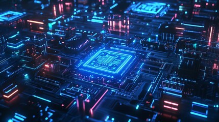Fototapeta premium Close-up of a Vibrant and Futuristic Circuit Board with Glowing Neon Lights in a Dark Background
