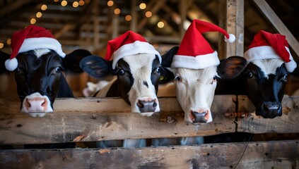 Four adorable cows wearing Santa hats peek over a wooden fence.  A festive Christmas scene filled with warmth and cheer.