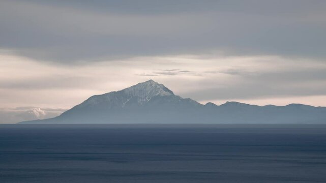 Mount Athos Landscape Animation, Agion Oros Greece Panoramic View, Snow on Peak of Mountain
