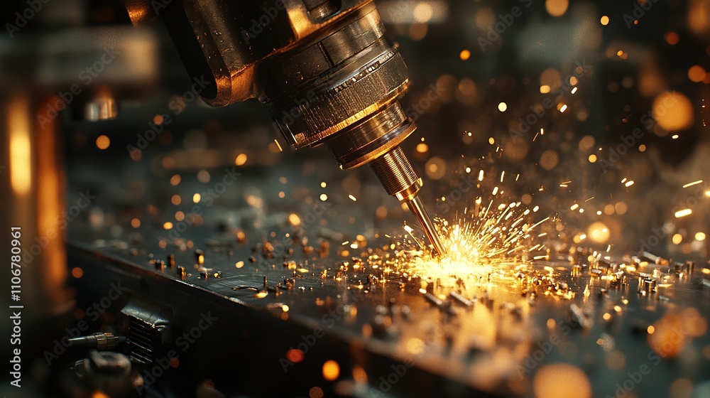 Poster a close-up of a machine tool creating sparks during a metalworking process.