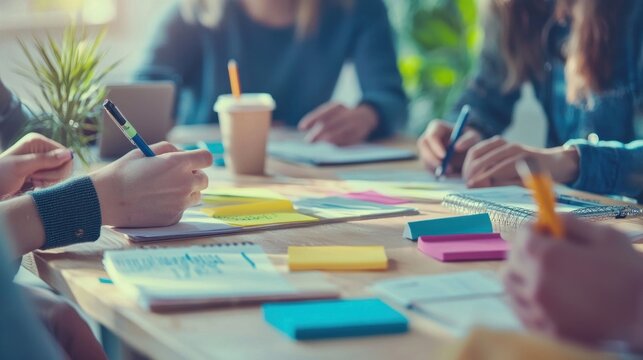 A collaborative session with people around a table, sharing notes, and ideas in a productive environment.