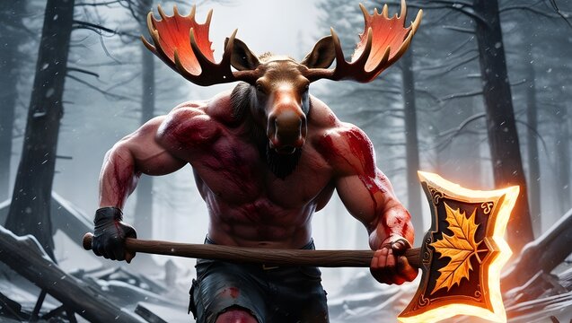 A half-human with a moose head, looking scary, is chasing you with an axe.