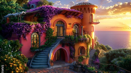Fototapeta premium Fairy dreamhouse: beautiful doll villa with outdoor stairs and a stunning fairy sunset 