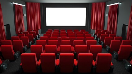 Fototapeta premium Cinema room with blank screen and empty space. Red seats and curtains. Concept of leisure, entertainment, cinema and theater.