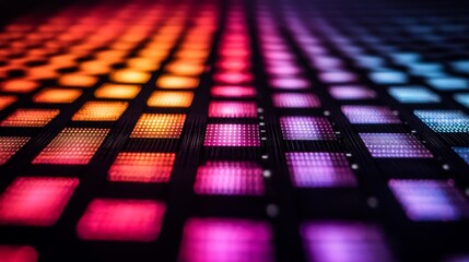 Dynamic grid of glowing red and orange micro LED tiles, showcasing futuristic digital design, advanced lighting technology, and immersive grid based systems in a vivid cyber aesthetic
