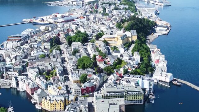 Beauty of Alesund city in Norway, aerial droen view