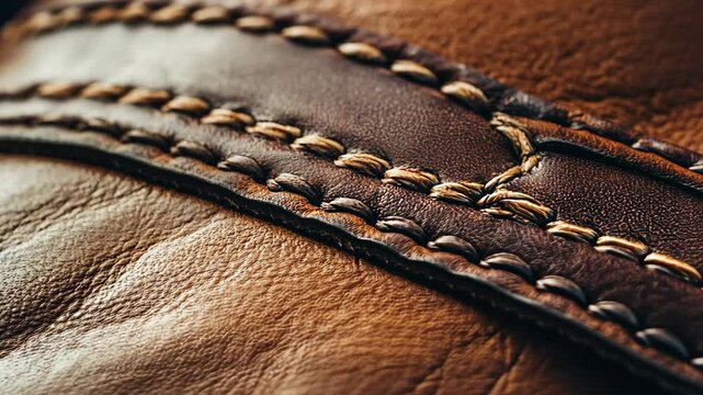 Close-up view of detailed leather stitching showcasing craftsmanship in a warm brown hue