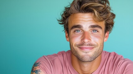 Obraz premium Happy Smiling Man Portrait Blue Background Tattoo Casual