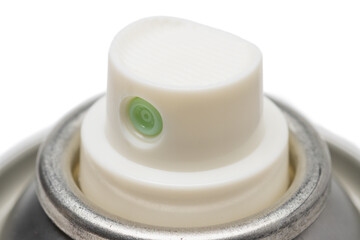 close up view of aerosol spray tin cap nozzle. on white background.