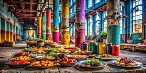 Fototapeta premium Captivating Food Photography Featuring Vibrant Colors and Textures in an Abandoned Factory Surrounded by Colorful Pillars and Rustic Industrial Elements