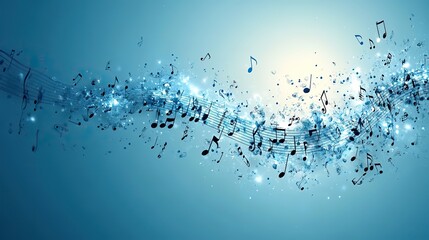 A blue background with musical notes and a music staff is presented in a light blue color scheme, creating a harmonious visual