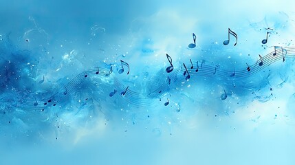 A blue background with musical notes and a music staff is presented in a light blue color scheme, creating a harmonious visual