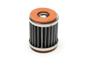 high flow type engine oil filter on white background. small oil filter usually used in small engine, moped, motorcycle or bike.
