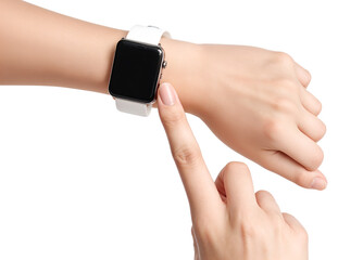 Womans Wrist Smartwatch Displaying Blank Screen, White Band