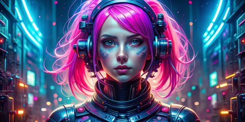 Captivating Futuristic Cybernetic Portrait Featuring Vibrant Pink Hair in a High Depth of Field Setting, Showcasing Advanced Technology and a Unique Aesthetic Vision
