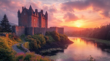 Fototapeta premium A picturesque castle at sunset by a serene river, surrounded by lush greenery and flowers.
