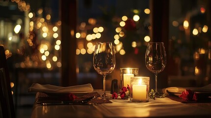 A cozy candlelit dinner for two in a dimly lit restaurant, with elegant table settings and wine glasses, creating an intimate atmosphere