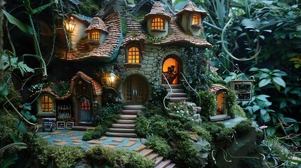 fairy dreamhouse: beautiful doll villa with outdoor stairs and a stunning fairy sunset