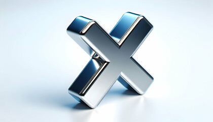  Icon A 3D chrome-effect cancel cross icon with a silver shine, isolated on a white background, conveying 3