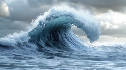 A powerful ocean wave crashing under a cloudy sky, showcasing nature's beauty and force.