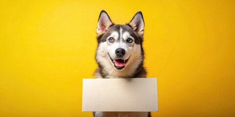 Siberian Husky Dog with Blank White Sign on Yellow Background for Vet Clinic, Pet Store, and Adoption Announcements