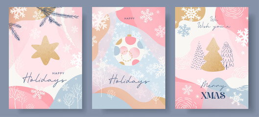 Christmas  holidays greeting card  or flyer set with abstract shapes, snowflakes, Christmas tree, snowflakes pattern, background, cute decoration, template, vector illustration