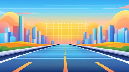 Obraz premium A vibrant digital landscape featuring a wide highway leading toward a city skyline under a colorful sky, suggesting a journey or adventure.