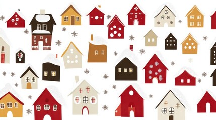 Fototapeta premium Cozy Village Scene with Snowy Roofs and Colorful Houses