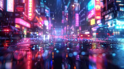 Obraz premium A vibrant, futuristic cityscape drenched in rain, illuminated by colorful neon signs, creating a striking, atmospheric reflection on the wet pavement.