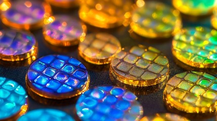 Golden silicon wafers with reflective surfaces emitting vibrant hues, representing advanced semiconductor technology and the critical role of materials science in electronics manufacturing