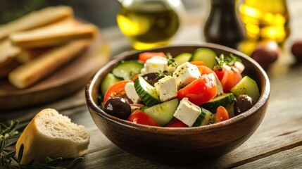 A vibrant Greek salad with olives, feta cheese, cucumbers