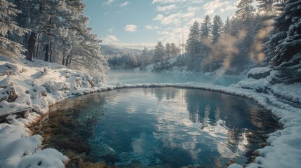 Natural hot springs surrounded by a snowy forest, with steam rising and creating a magical, serene atmosphere 