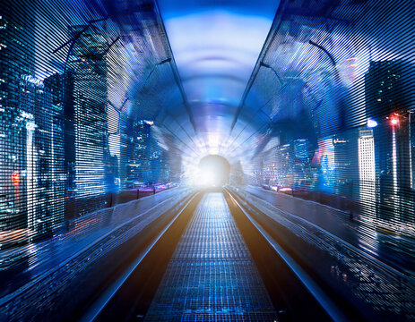 地下鉄のトンネルや高層ビルの影の中で光が広がり、都市内部の無限の可能性を象徴する　ビルの光と影が自己探求の舞台を映し出すアブストラクトで滑らかな背景イメージ