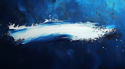 A bold white brush stroke is painted on a navy blue background accented with subtle halftone dots