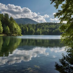 Obraz premium A scenery depicting greenery-covered mountains towering over a serene lake in a summer landscape.