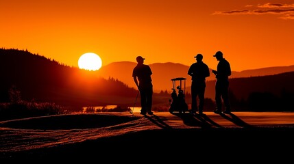 Silhouette of golfers at sunset on a golf course.
