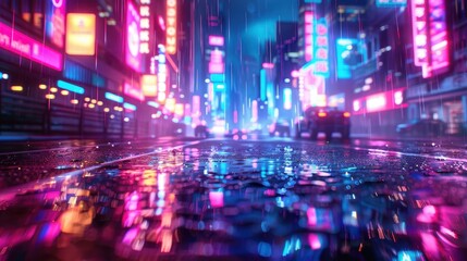 A vibrant, neon-lit city street reflecting in rain, showcasing a futuristic urban landscape filled with colorful lights and a moody atmosphere.