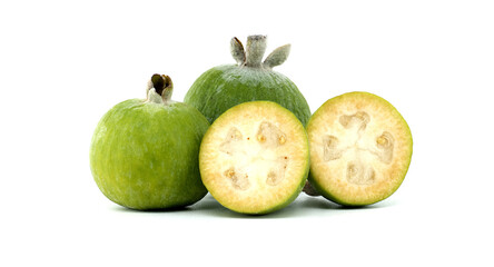 Fresh Feijoa Fruits with Halves on White Background
