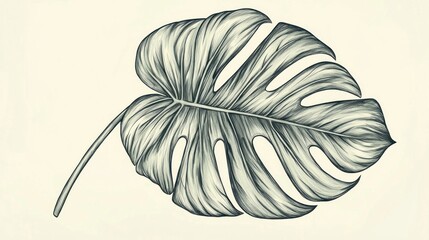 A hand-drawn illustration of a monstera leaf with detailed lines and shading