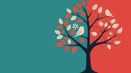 Obraz premium A stylized tree with colorful leaves and birds, set against a contrasting background, creating a vibrant and artistic nature-themed design.