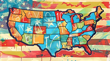 Vibrant watercolor map of the United States, showcasing each state in a unique color and style. A bold and colorful artistic representation of American geography.