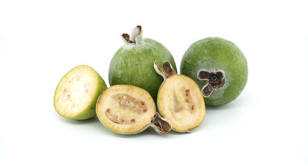 Fresh Green Feijoa Fruits with Sliced Halves on White Background