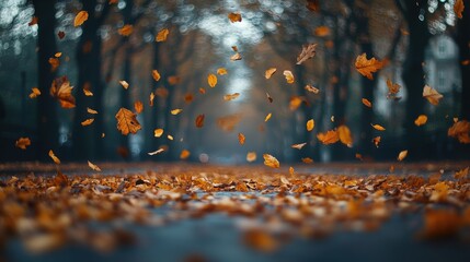 A serene autumn scene with falling leaves on a quiet path.