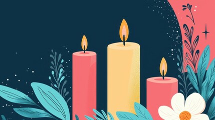 Three colorful candles with flames, surrounded by leaves and flowers on a dark background, creating a serene and calming atmosphere.