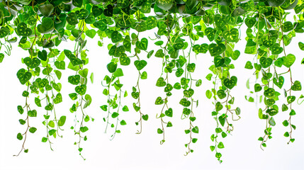 Green succulent leaves of the Dischidia sp. ivy bush climbing after rain in a tropical rainforest garden, against a white background.