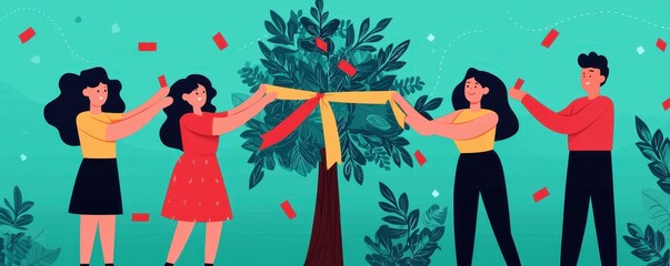 Four people joyfully tie colorful ribbons around a tree, celebrating nature and community in a vibrant, green setting.