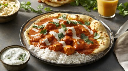 A vibrant plate of chicken tikka masala with creamy tomato sauce, served with basmati rice and naan bread, Chicken tikka centered