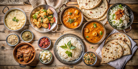 An overhead shot of assorted Indian curry and rice dishes, showcasing a vibrant and flavorful spread.