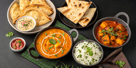 An overhead shot of assorted Indian curry and rice dishes, displaying a vibrant and delectable...